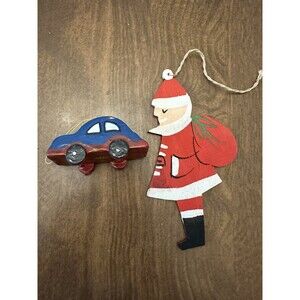 Vintage Christmas Ornaments Santa Car Kitsch Wooden MCM Lot Of 2